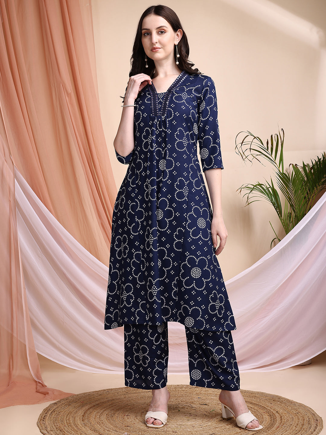Embroidered & Bandhni A-Line Printed Kurta With Pant & Coordinated Dupatta, Navy Blue - Hiral Fashion | Grocsy