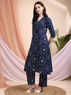 Embroidered & Bandhni A-Line Printed Kurta With Pant & Coordinated Dupatta, Navy Blue - Hiral Fashion | Grocsy