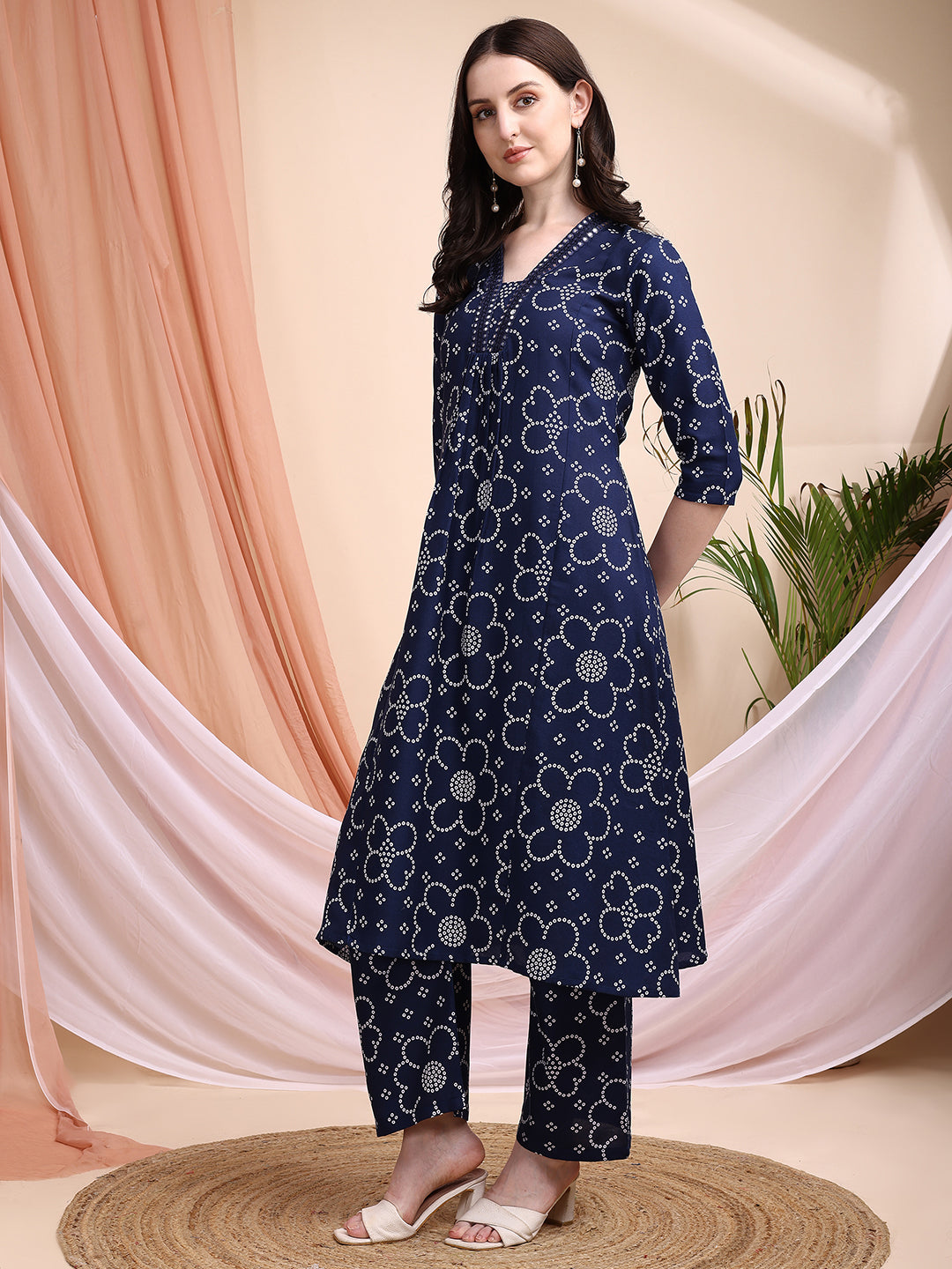 Embroidered & Bandhni A-Line Printed Kurta With Pant & Coordinated Dupatta, Navy Blue - Hiral Fashion | Grocsy