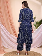Embroidered & Bandhni A-Line Printed Kurta With Pant & Coordinated Dupatta, Navy Blue - Hiral Fashion | Grocsy