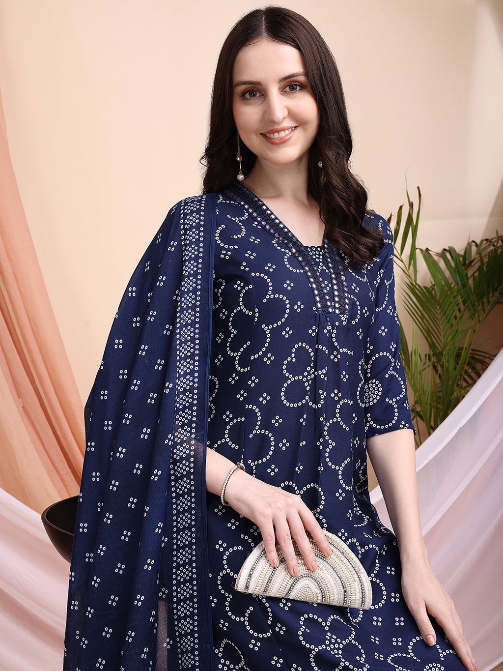 Embroidered & Bandhni A-Line Printed Kurta With Pant & Coordinated Dupatta, Navy Blue - Hiral Fashion | Grocsy
