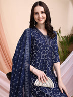 Embroidered & Bandhni A-Line Printed Kurta With Pant & Coordinated Dupatta, Navy Blue - Hiral Fashion | Grocsy