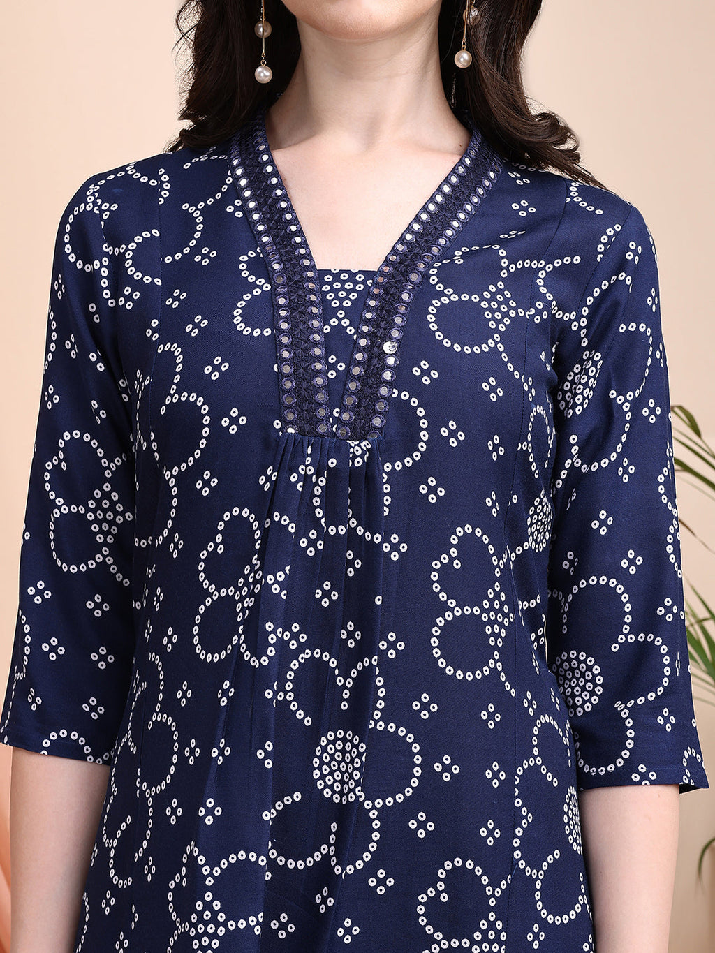 Embroidered & Bandhni A-Line Printed Kurta With Pant & Coordinated Dupatta, Navy Blue - Hiral Fashion | Grocsy