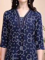 Embroidered & Bandhni A-Line Printed Kurta With Pant & Coordinated Dupatta, Navy Blue - Hiral Fashion | Grocsy