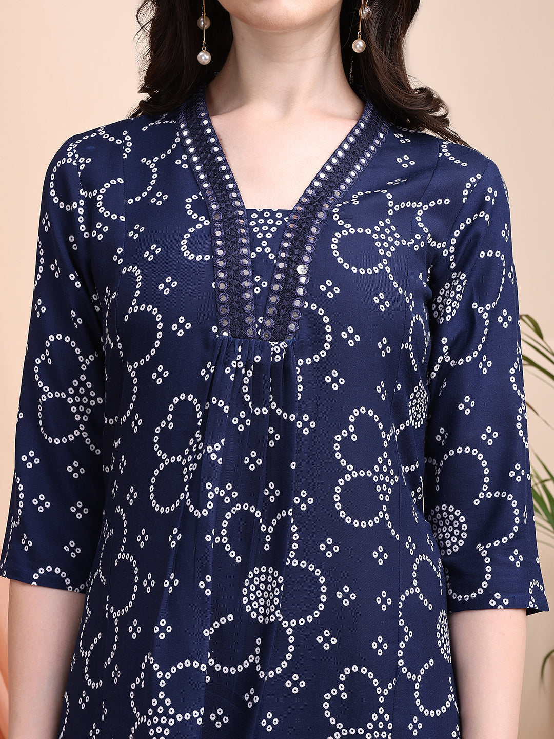 Embroidered & Bandhni A-Line Printed Kurta With Pant & Coordinated Dupatta, Navy Blue - Hiral Fashion | Grocsy