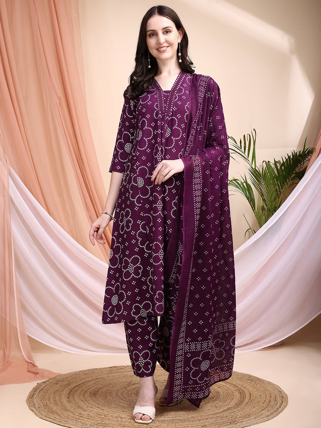 Embroidered & Bandhni A-Line Printed Kurta With Pant & Coordinated Dupatta, Purple - Hiral Fashion | Grocsy