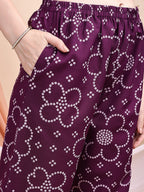 Embroidered & Bandhni A-Line Printed Kurta With Pant & Coordinated Dupatta, Purple - Hiral Fashion | Grocsy