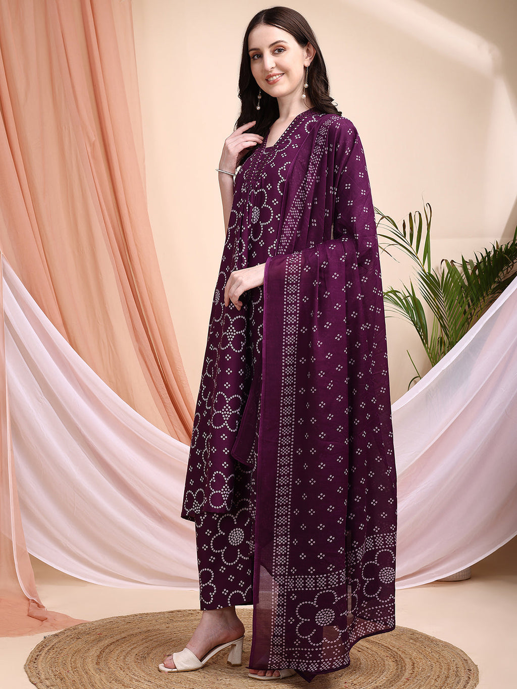 Embroidered & Bandhni A-Line Printed Kurta With Pant & Coordinated Dupatta, Purple - Hiral Fashion | Grocsy