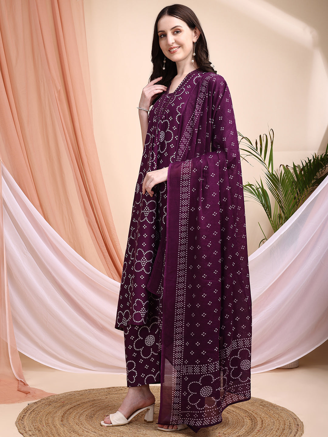 Embroidered & Bandhni A-Line Printed Kurta With Pant & Coordinated Dupatta, Purple - Hiral Fashion | Grocsy