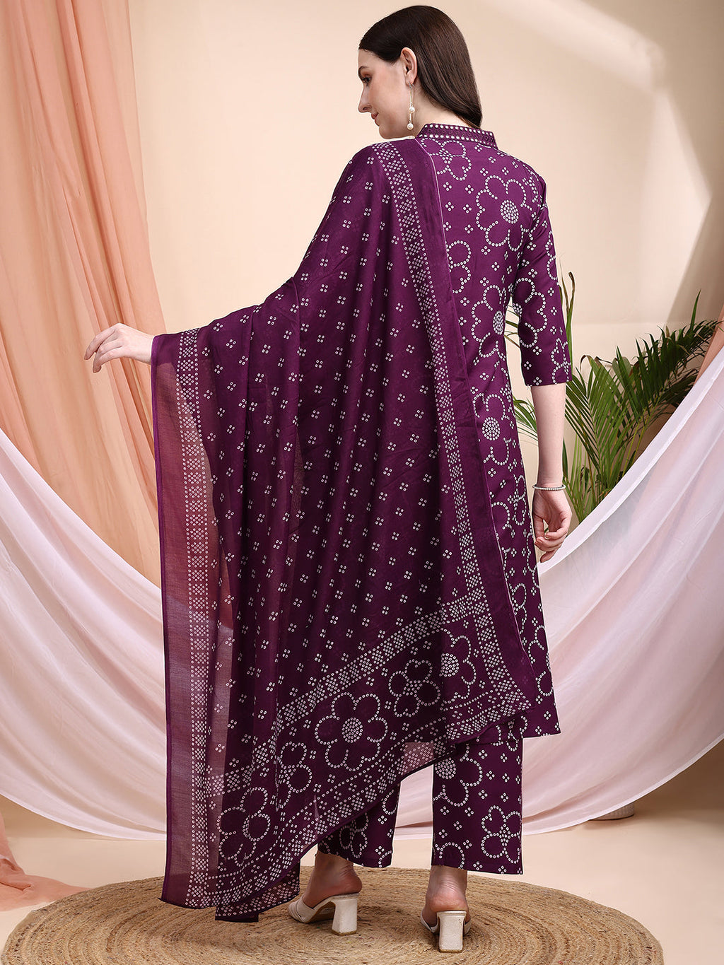 Embroidered & Bandhni A-Line Printed Kurta With Pant & Coordinated Dupatta, Purple - Hiral Fashion | Grocsy