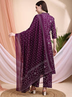 Embroidered & Bandhni A-Line Printed Kurta With Pant & Coordinated Dupatta, Purple - Hiral Fashion | Grocsy
