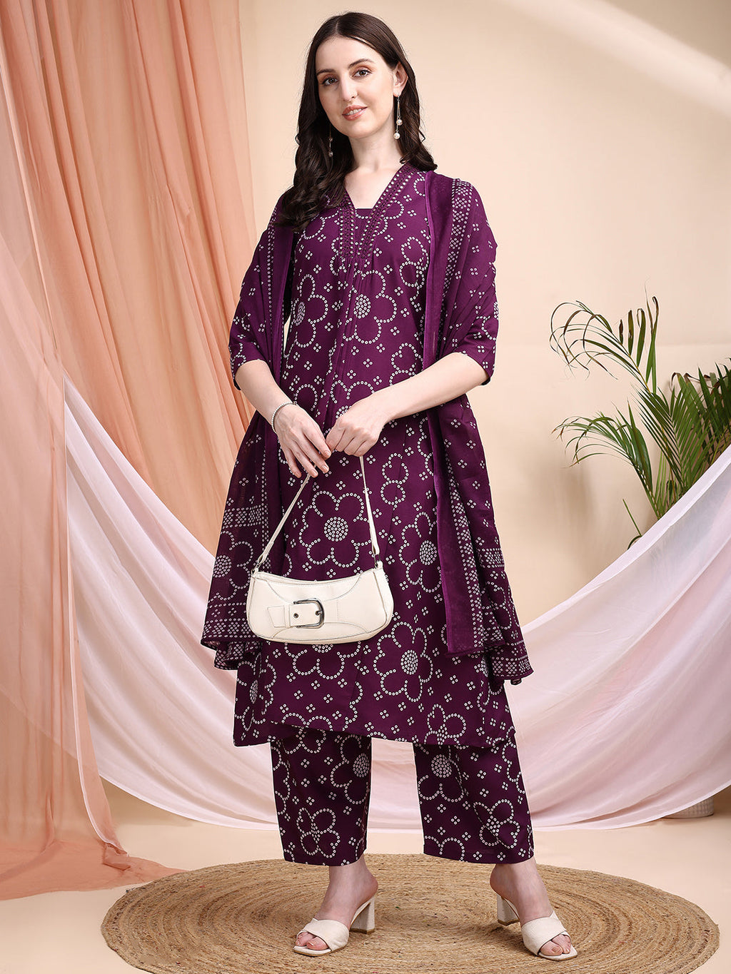 Embroidered & Bandhni A-Line Printed Kurta With Pant & Coordinated Dupatta, Purple - Hiral Fashion | Grocsy