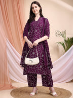 Embroidered & Bandhni A-Line Printed Kurta With Pant & Coordinated Dupatta, Purple - Hiral Fashion | Grocsy