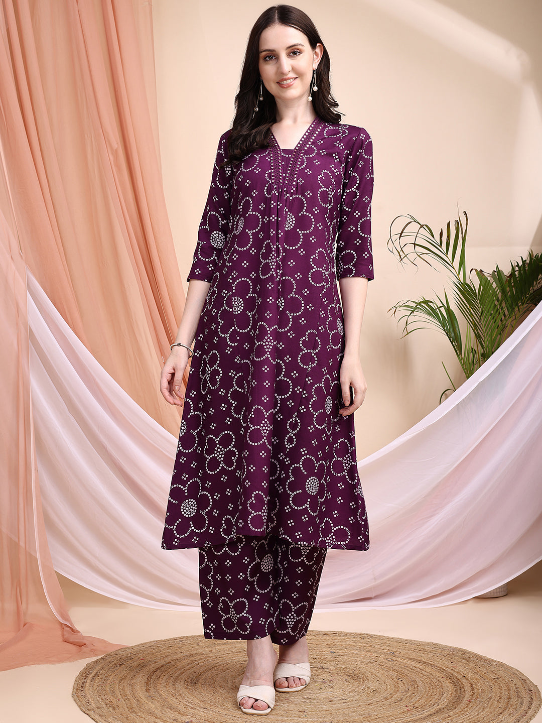 Embroidered & Bandhni A-Line Printed Kurta With Pant & Coordinated Dupatta, Purple - Hiral Fashion | Grocsy