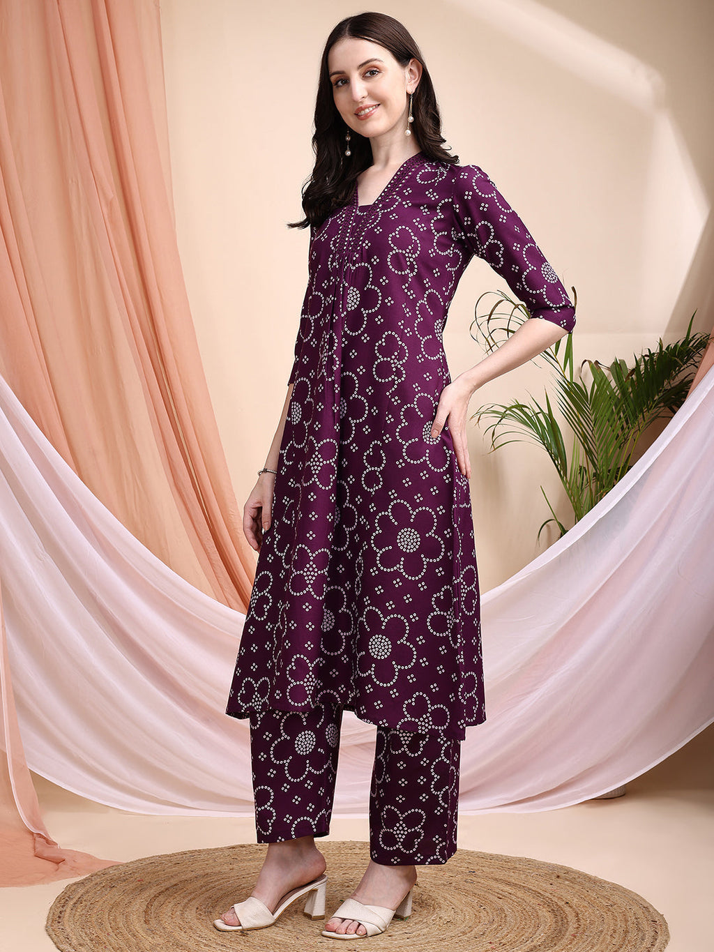 Embroidered & Bandhni A-Line Printed Kurta With Pant & Coordinated Dupatta, Purple - Hiral Fashion | Grocsy