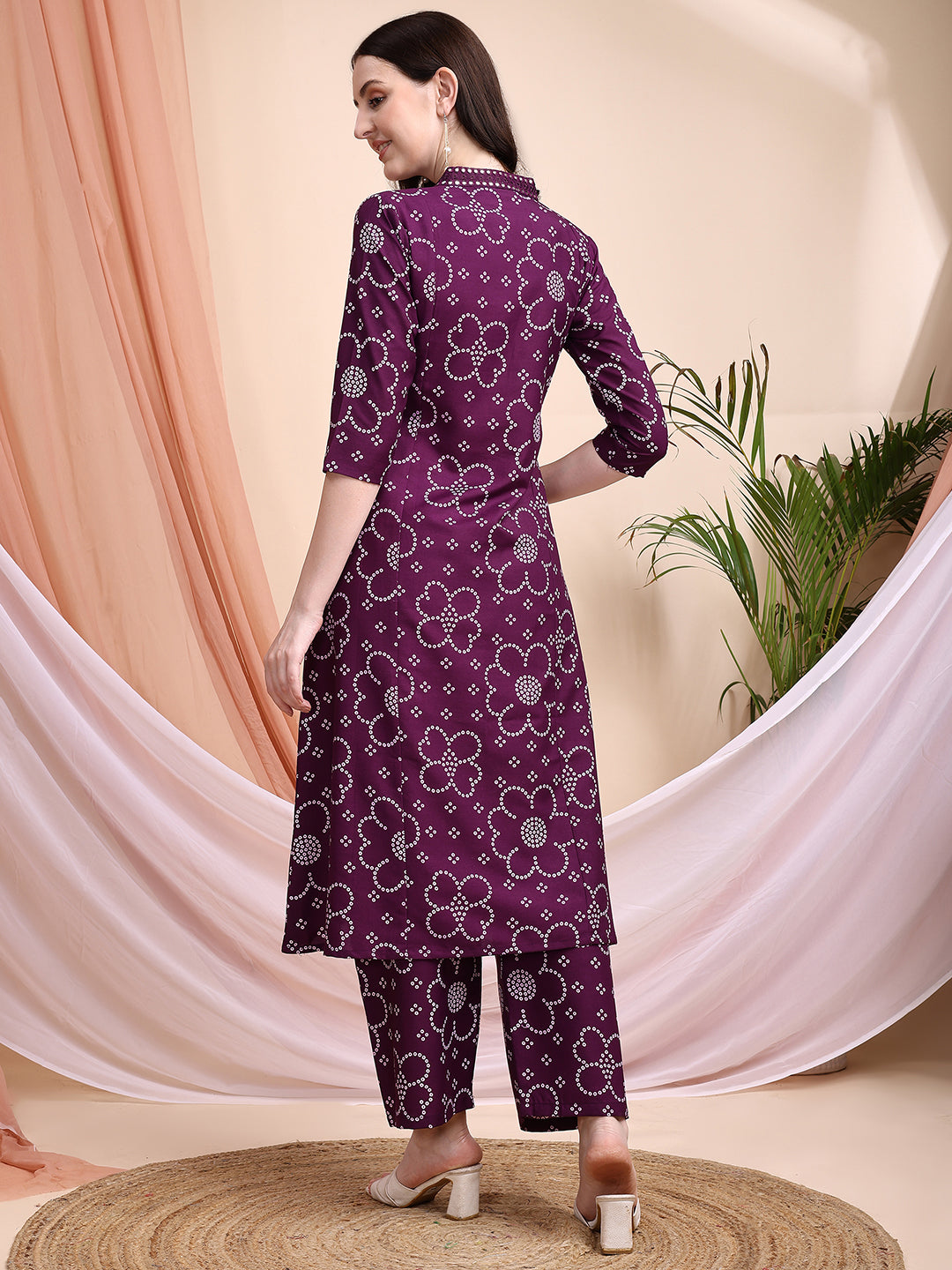 Embroidered & Bandhni A-Line Printed Kurta With Pant & Coordinated Dupatta, Purple - Hiral Fashion | Grocsy