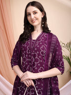 Embroidered & Bandhni A-Line Printed Kurta With Pant & Coordinated Dupatta, Purple - Hiral Fashion | Grocsy