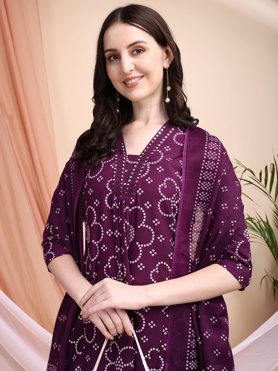 Embroidered & Bandhni A-Line Printed Kurta With Pant & Coordinated Dupatta, Purple - Hiral Fashion | Grocsy