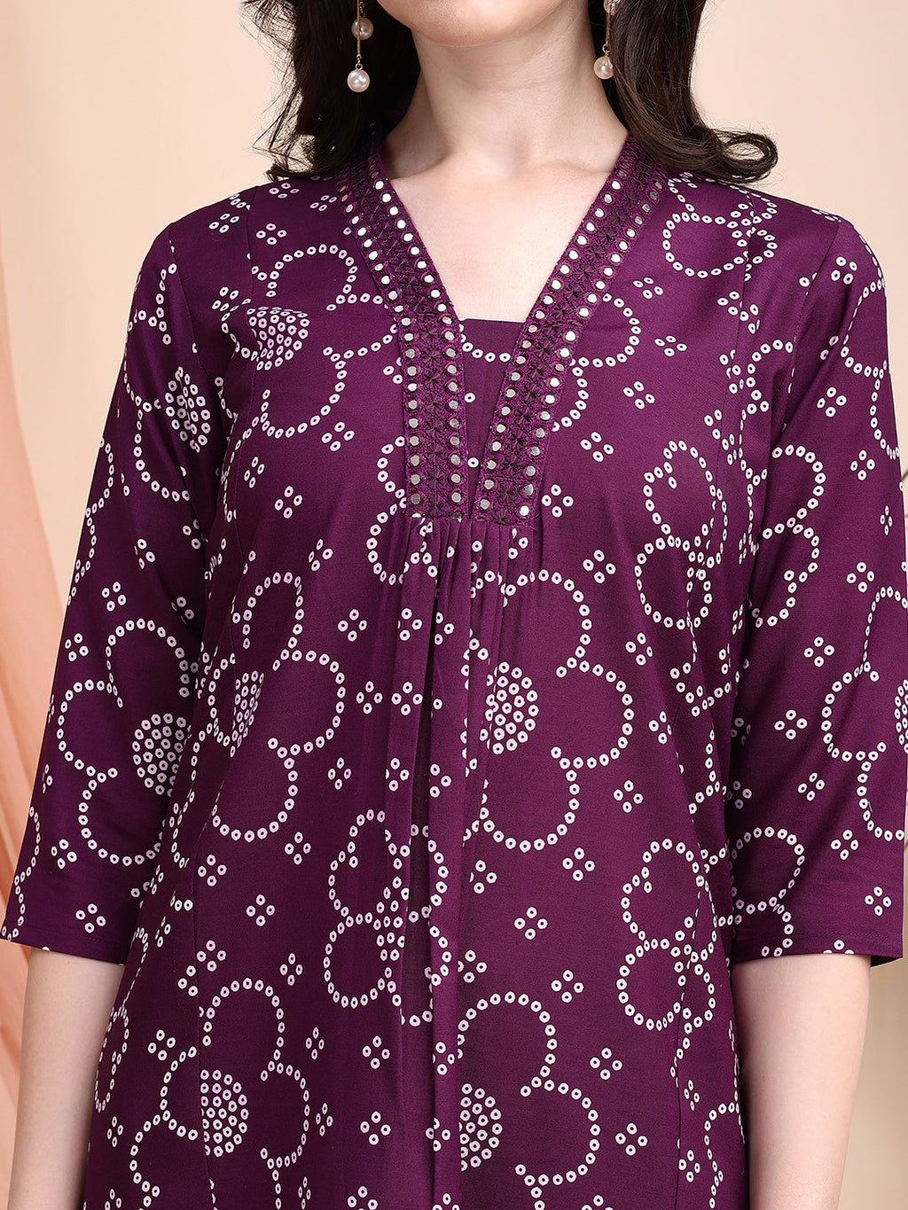 Embroidered & Bandhni A-Line Printed Kurta With Pant & Coordinated Dupatta, Purple - Hiral Fashion | Grocsy