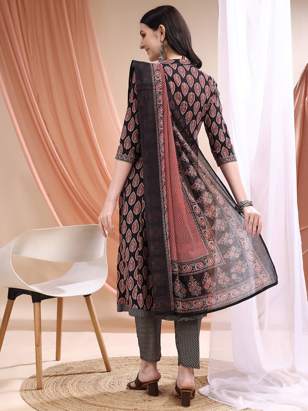 Front Slit Motifs A-Line Printed Kurta With Pant & Dupatta, Black - Hiral Fashion | Grocsy