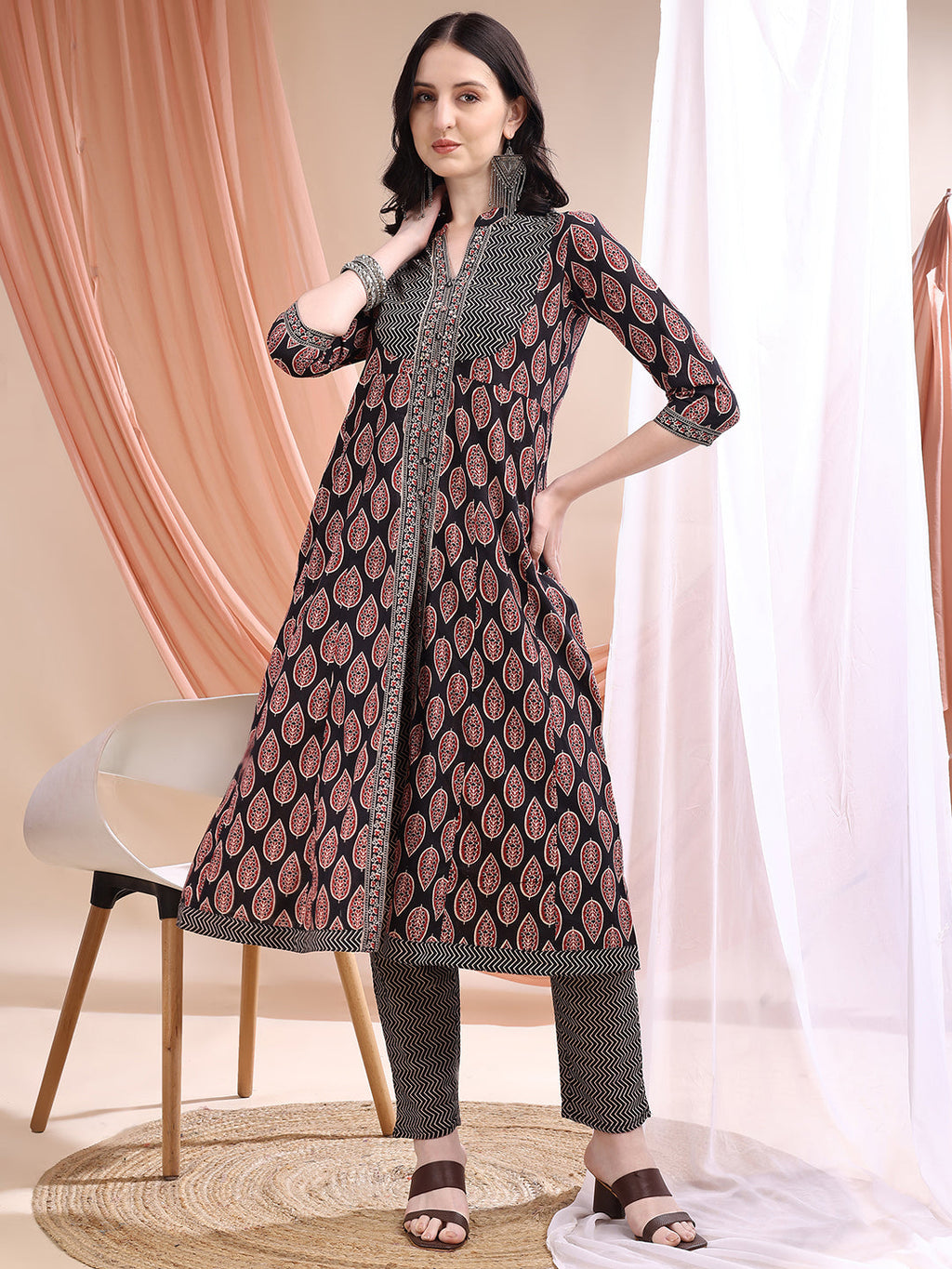 Front Slit Motifs A-Line Printed Kurta With Pant & Dupatta, Black - Hiral Fashion | Grocsy