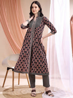 Front Slit Motifs A-Line Printed Kurta With Pant & Dupatta, Black - Hiral Fashion | Grocsy