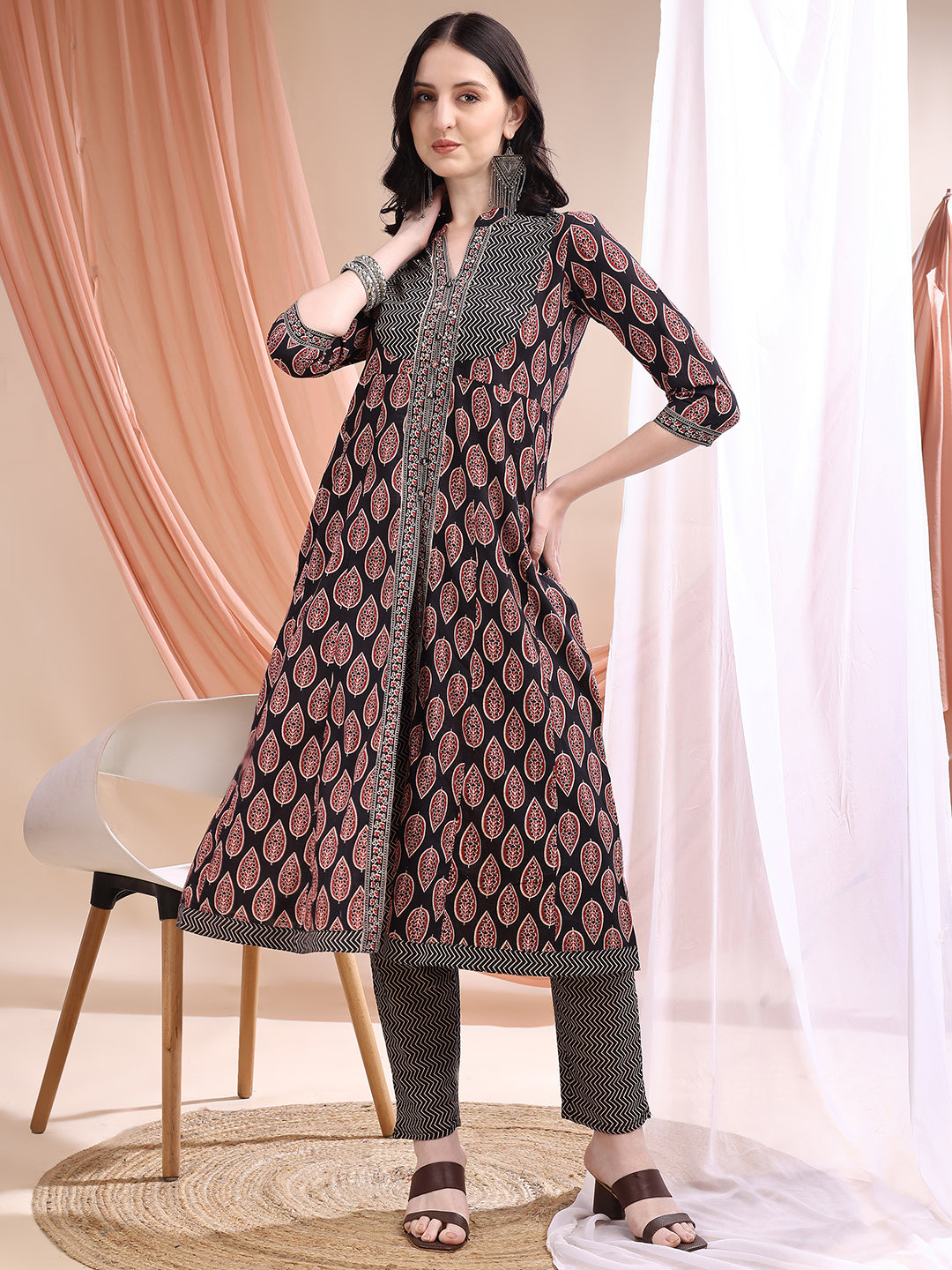 Front Slit Motifs A-Line Printed Kurta With Pant & Dupatta, Black - Hiral Fashion | Grocsy