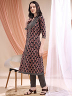 Front Slit Motifs A-Line Printed Kurta With Pant & Dupatta, Black - Hiral Fashion | Grocsy