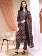 Front Slit Motifs A-Line Printed Kurta With Pant & Dupatta, Black - Hiral Fashion | Grocsy