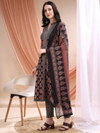 Front Slit Motifs A-Line Printed Kurta With Pant & Dupatta, Black - Hiral Fashion | Grocsy