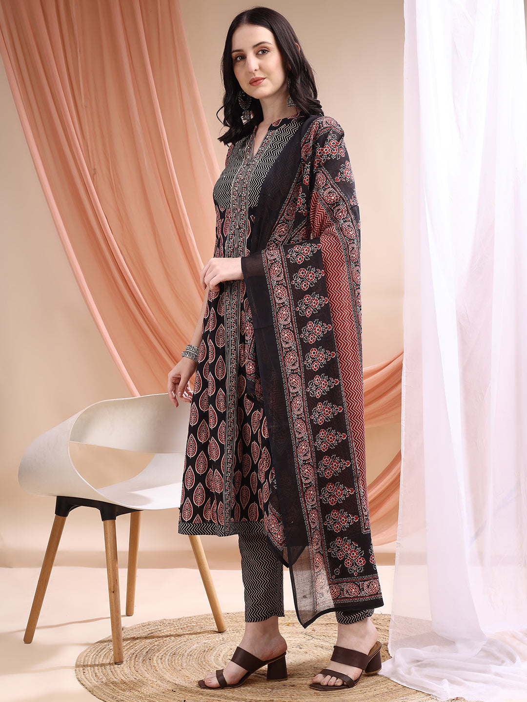 Front Slit Motifs A-Line Printed Kurta With Pant & Dupatta, Black - Hiral Fashion | Grocsy