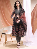 Front Slit Motifs A-Line Printed Kurta With Pant & Dupatta, Black - Hiral Fashion | Grocsy