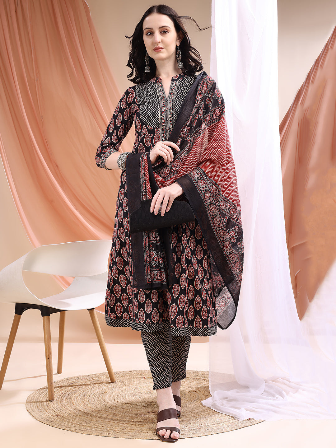 Front Slit Motifs A-Line Printed Kurta With Pant & Dupatta, Black - Hiral Fashion | Grocsy