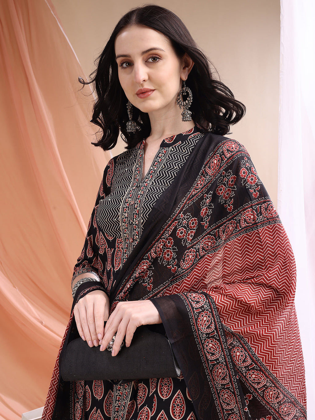 Front Slit Motifs A-Line Printed Kurta With Pant & Dupatta, Black - Hiral Fashion | Grocsy