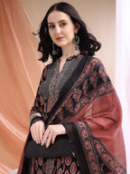 Front Slit Motifs A-Line Printed Kurta With Pant & Dupatta, Black - Hiral Fashion | Grocsy
