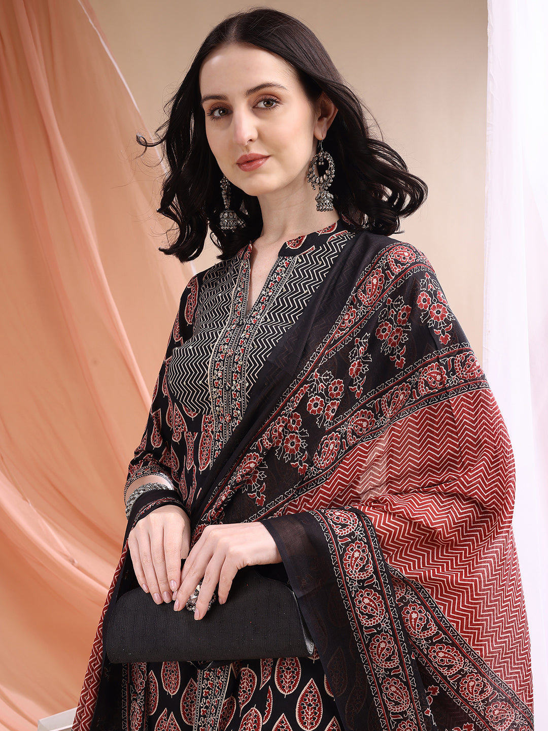 Front Slit Motifs A-Line Printed Kurta With Pant & Dupatta, Black - Hiral Fashion | Grocsy