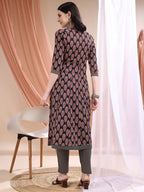 Front Slit Motifs A-Line Printed Kurta With Pant & Dupatta, Black - Hiral Fashion | Grocsy