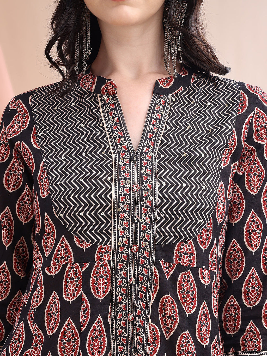 Front Slit Motifs A-Line Printed Kurta With Pant & Dupatta, Black - Hiral Fashion | Grocsy