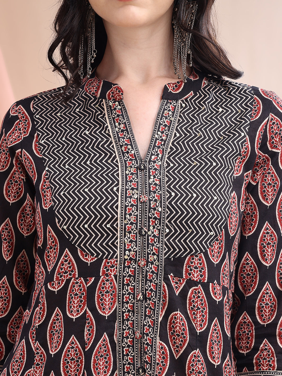 Front Slit Motifs A-Line Printed Kurta With Pant & Dupatta, Black - Hiral Fashion | Grocsy