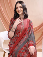 Front Slit Motifs A-Line Printed Kurta With Pant & Dupatta, Maroon - Hiral Fashion | Grocsy