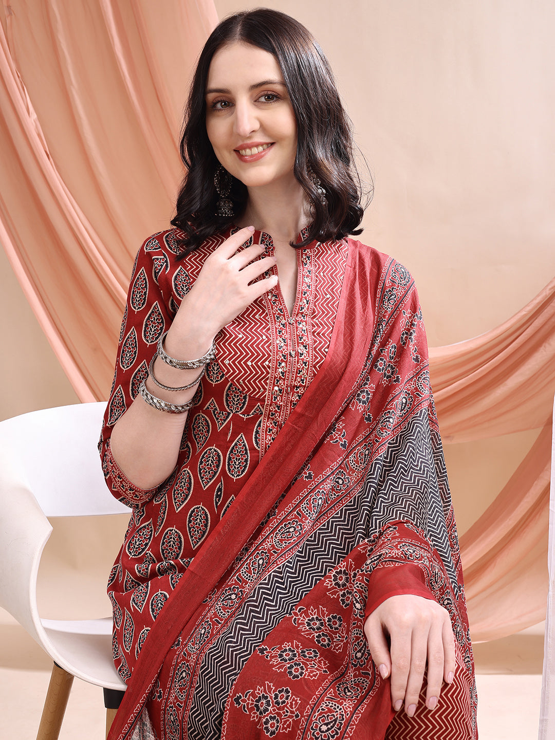 Front Slit Motifs A-Line Printed Kurta With Pant & Dupatta, Maroon - Hiral Fashion | Grocsy