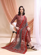 Front Slit Motifs A-Line Printed Kurta With Pant & Dupatta, Maroon - Hiral Fashion | Grocsy