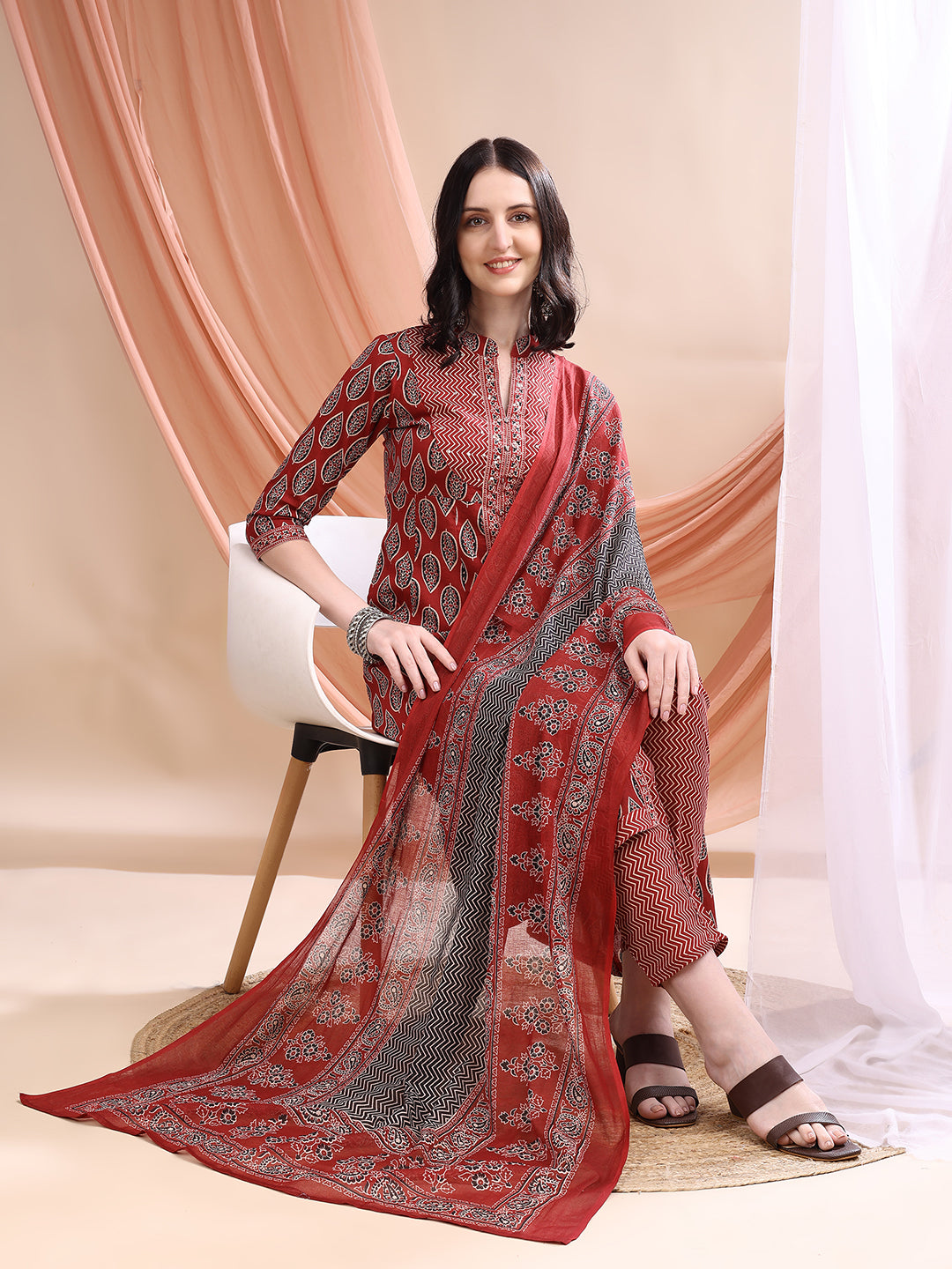 Front Slit Motifs A-Line Printed Kurta With Pant & Dupatta, Maroon - Hiral Fashion | Grocsy