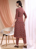 Front Slit Motifs A-Line Printed Kurta With Pant & Dupatta, Maroon - Hiral Fashion | Grocsy