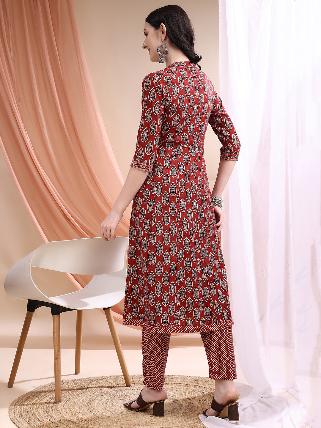 Front Slit Motifs A-Line Printed Kurta With Pant & Dupatta, Maroon - Hiral Fashion | Grocsy