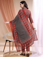Front Slit Motifs A-Line Printed Kurta With Pant & Dupatta, Maroon - Hiral Fashion | Grocsy
