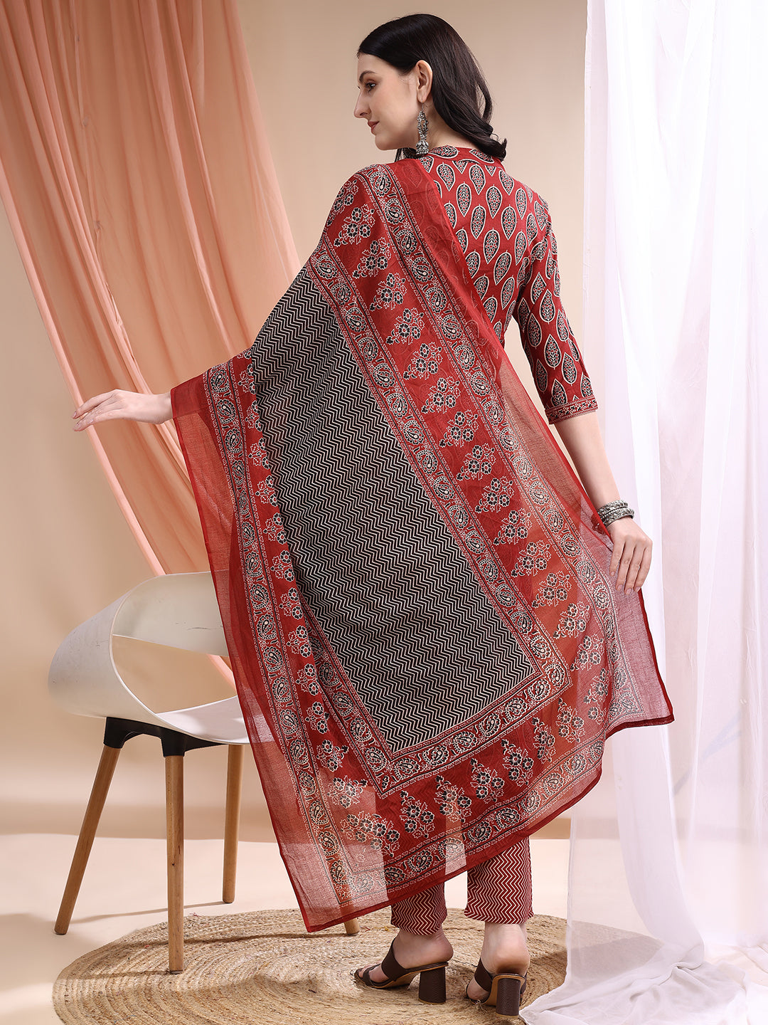 Front Slit Motifs A-Line Printed Kurta With Pant & Dupatta, Maroon - Hiral Fashion | Grocsy