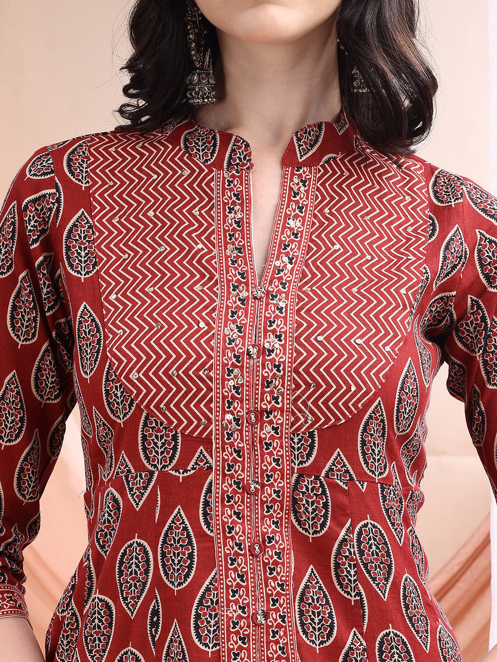 Front Slit Motifs A-Line Printed Kurta With Pant & Dupatta, Maroon - Hiral Fashion | Grocsy