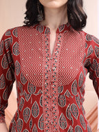 Front Slit Motifs A-Line Printed Kurta With Pant & Dupatta, Maroon - Hiral Fashion | Grocsy