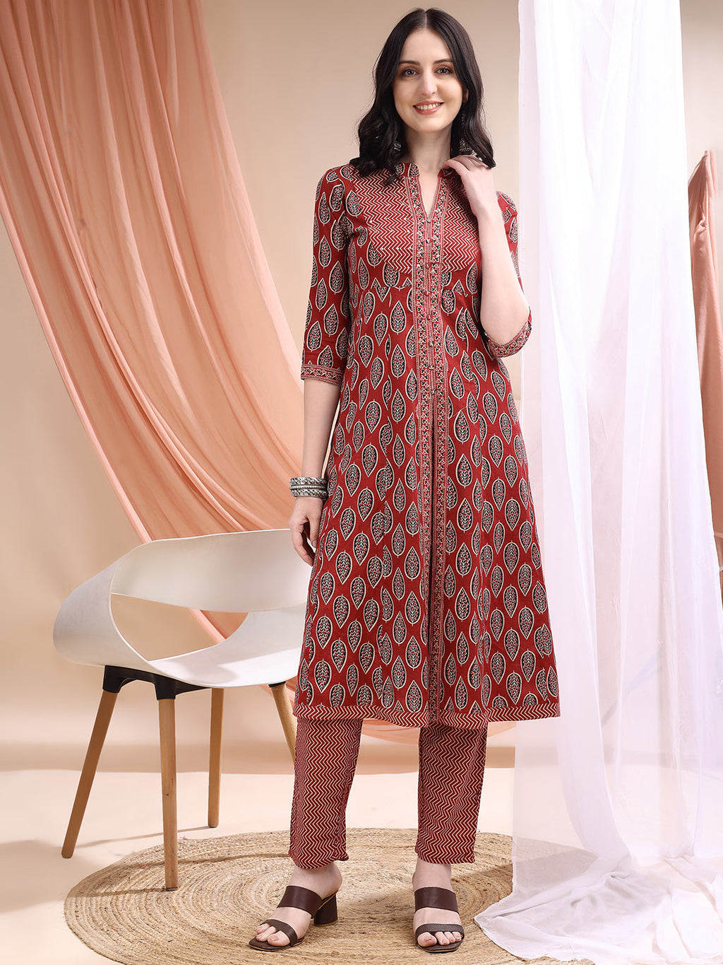 Front Slit Motifs A-Line Printed Kurta With Pant & Dupatta, Maroon - Hiral Fashion | Grocsy